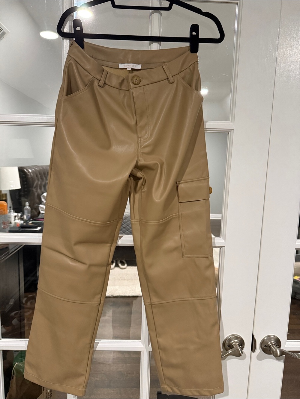 Women’s Faux Leather Cargo Pants - Tan